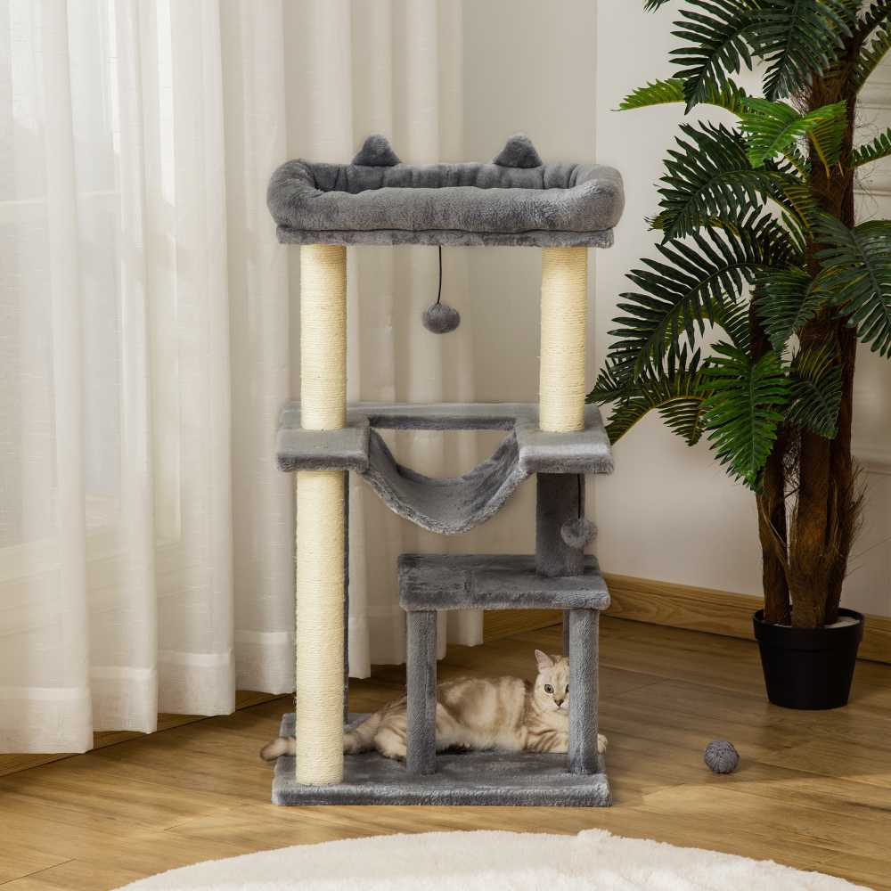 PawHut 90 cm draskyklė su hamaku, nameliu, platformomis, pliušinė, sizalis, pilka