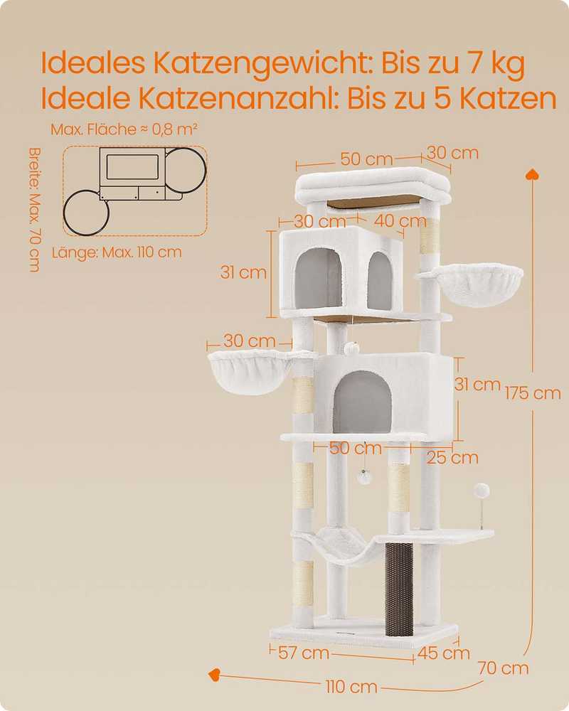 Songmics Feandrea 175 cm aukščio draskyklė su 2 urvais ir 2 ertmėmis kreminė balta