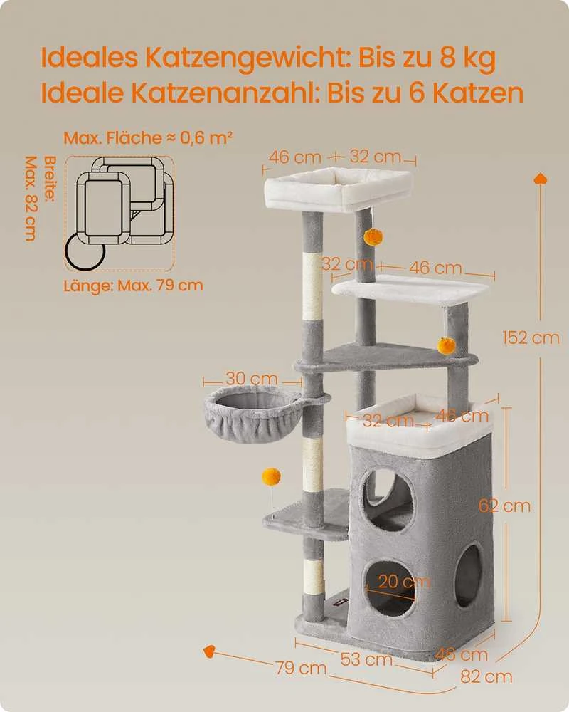 Feandrea Kačių draskyklė su urveliais ir platformomis, 152 cm