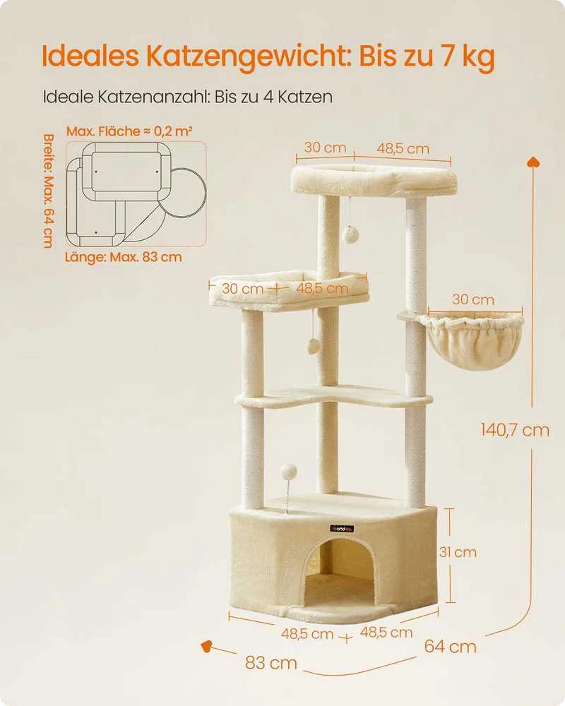Songmics Kačių draskyklė su žaidimo aikštelėmis, 140,7 cm