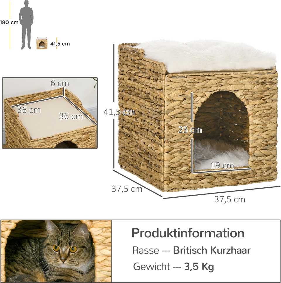 PawHut rotango katės namelis su 2 lygiais ir pagalvėmis, rudas, iki 5kg