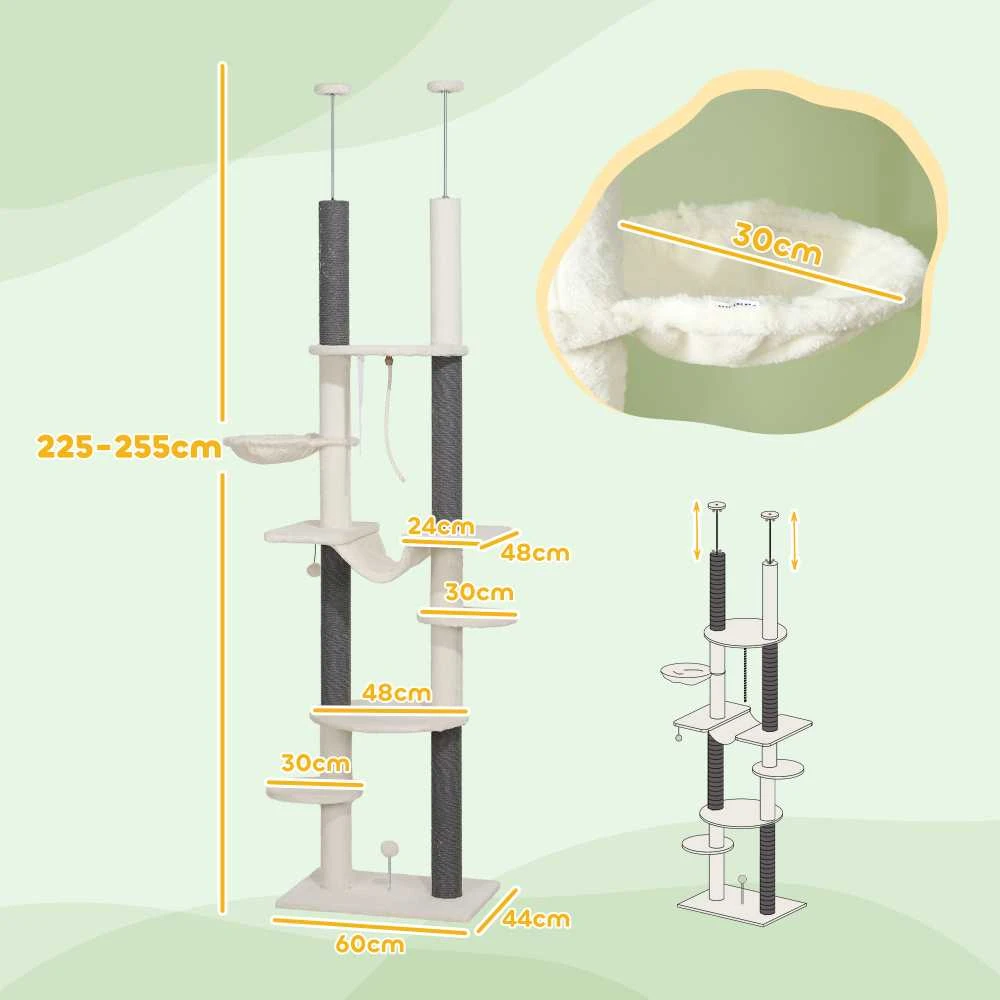 PawHut lubinis draskyklė, kačių draskyklė, 225-255 cm kačių draskyklė su hamakais, draskymo stulpais, krepšiu, žaisliniu kamuoliuku, kačių baldai su apsauga nuo apvirtimo, balta