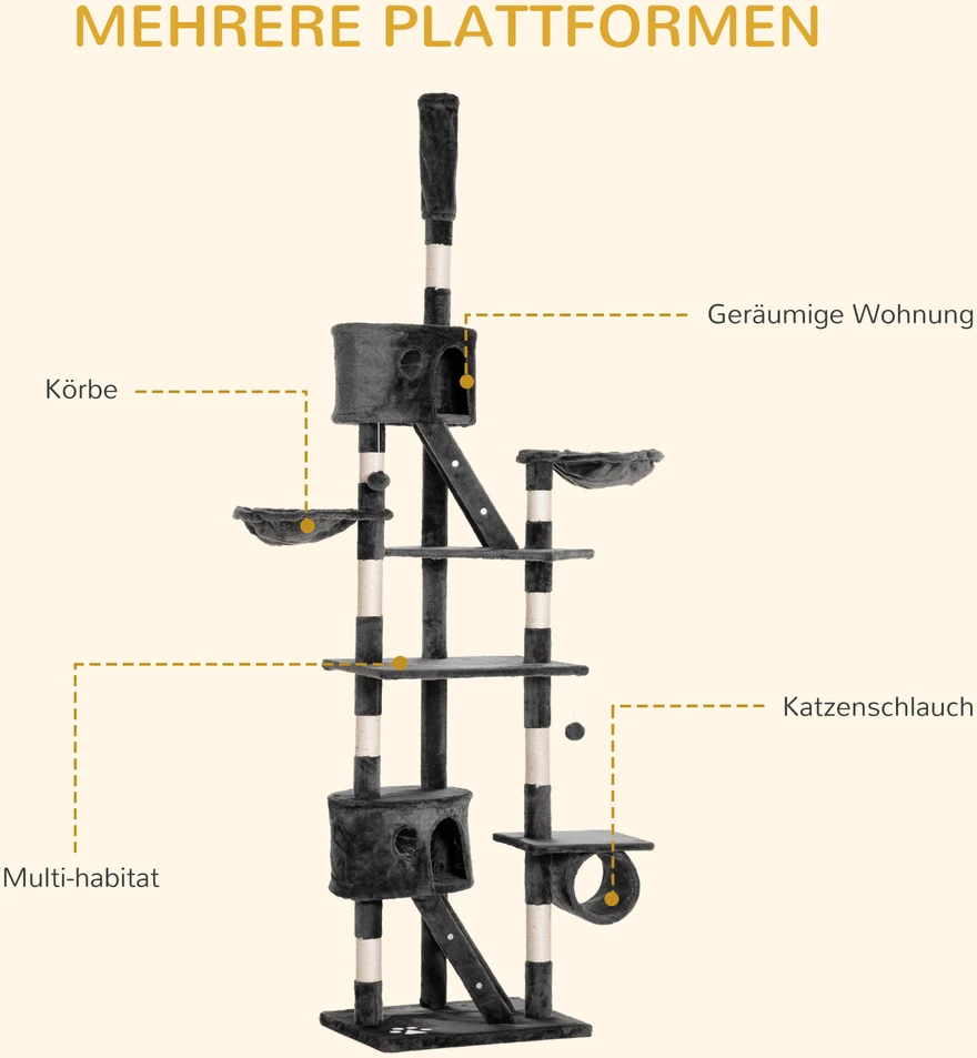 PawHut kačių draskyklė 240-260 cm, iki lubų, didelė draskyklė, laipynė katėms, draskyklė didelėms katėms su sizalio virve, tamsiai pilka