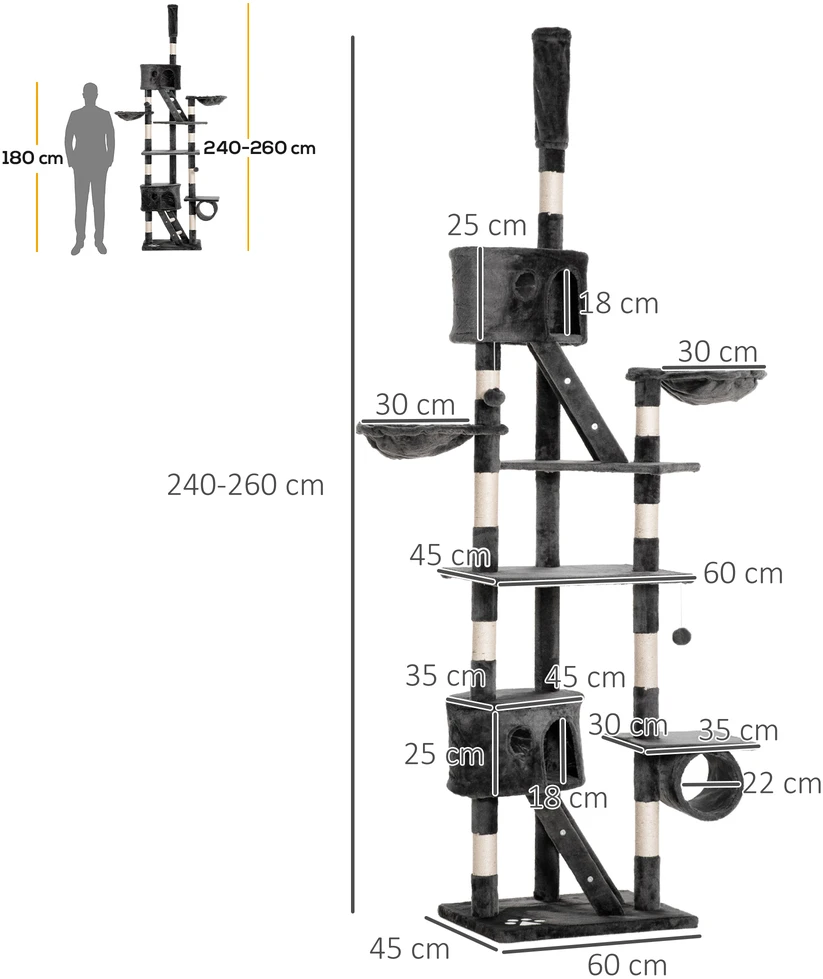 PawHut kačių draskyklė 240-260 cm, iki lubų, didelė draskyklė, laipynė katėms, draskyklė didelėms katėms su sizalio virve, tamsiai pilka