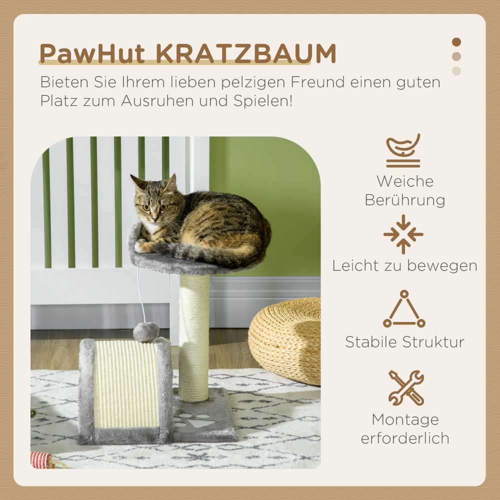 PawHut mažas draskyklė 46 cm, kačių draskyklė su žaisliniais kamuoliukais, draskymo plokšte, sizalio virve, pliušu, kačių draskyklė su paaukštinta platforma, nameliu, katėms, pilka