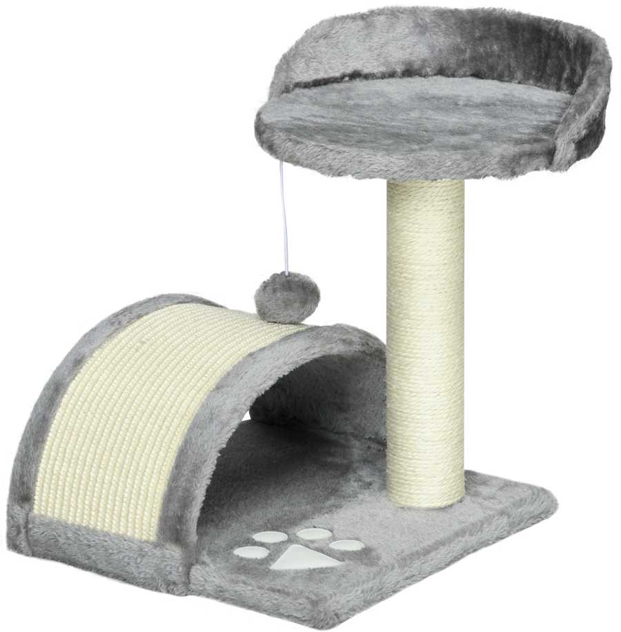 PawHut mažas draskyklė 46 cm, kačių draskyklė su žaisliniais kamuoliukais, draskymo plokšte, sizalio virve, pliušu, kačių draskyklė su paaukštinta platforma, nameliu, katėms, pilka