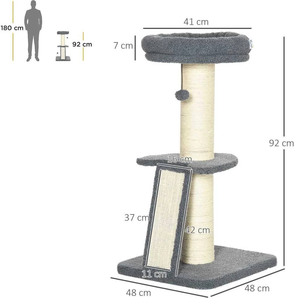 PawHut draskyklė 92 cm aukščio, laipynė su draskymo lenta ir žaidimų kamuoliuku, storas sizalio stulpas, avikailio imitacija, tamsiai pilka ir kreminė balta