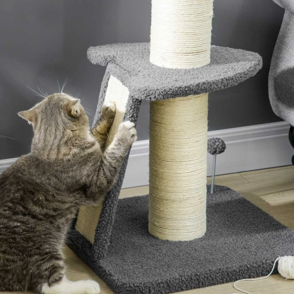 PawHut draskyklė 92 cm aukščio, laipynė su draskymo lenta ir žaidimų kamuoliuku, storas sizalio stulpas, avikailio imitacija, tamsiai pilka ir kreminė balta