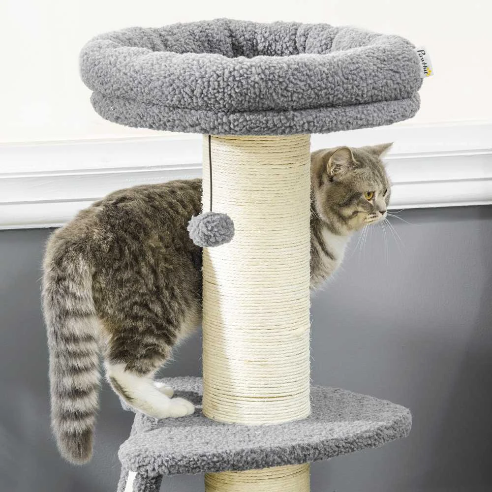 PawHut draskyklė 92 cm aukščio, laipynė su draskymo lenta ir žaidimų kamuoliuku, storas sizalio stulpas, avikailio imitacija, tamsiai pilka ir kreminė balta