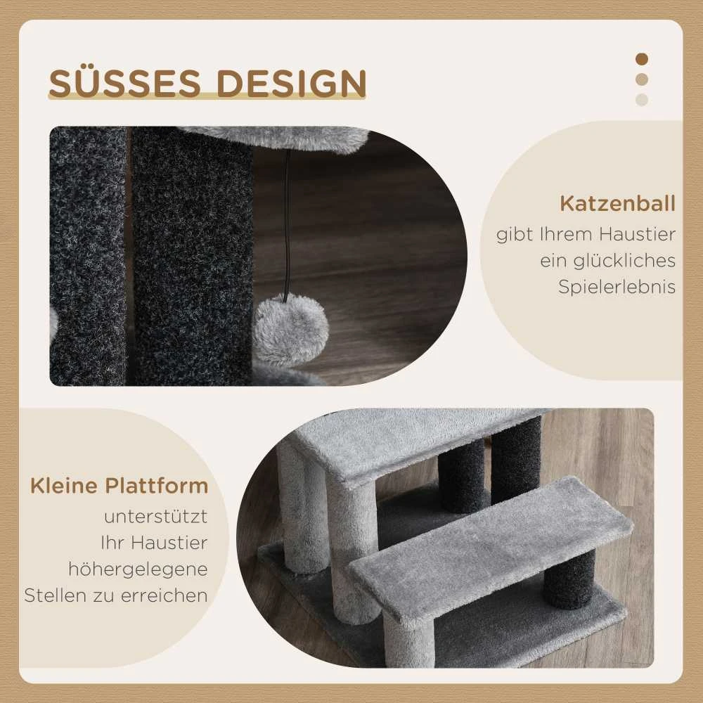 PawHut naminių gyvūnėlių laiptai draskyklė, 3 pakopų, laiptai katėms ir šunims, medžio drožlių plokštė, pliušas, džiutas, pilka, 45x40x48cm