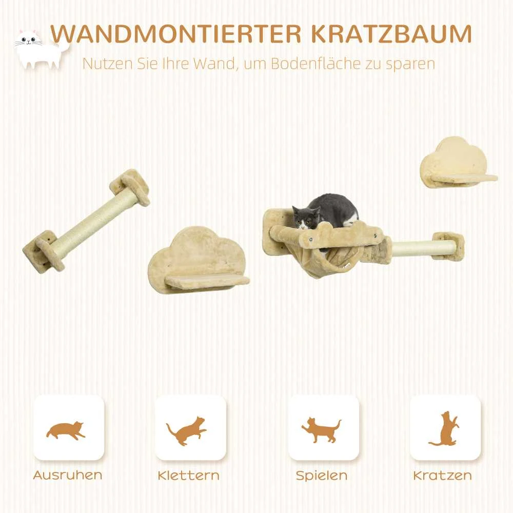 PawHut kačių laipiojimo sienelė, 5 dalių rinkinys su laipteliais, 2 draskyklėmis, platformomis, hamaku, pliušinė