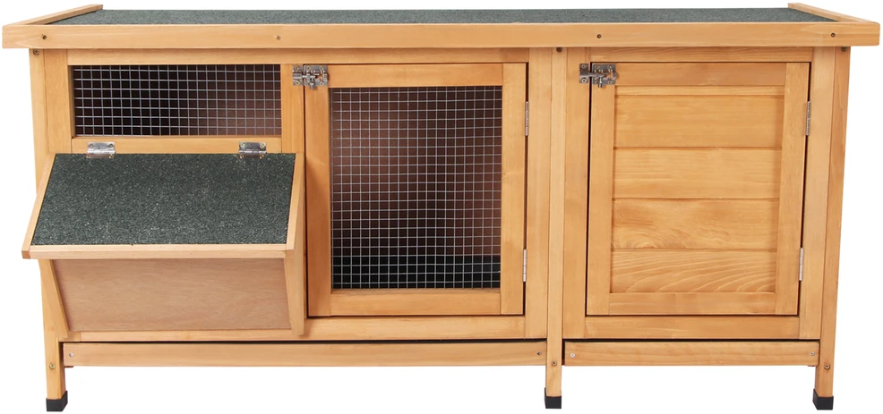 PawHut narvelis smulkiems gyvūnams, 112x50x54 cm, su padėklu, bituminiu stogu ir ėdžėmis, pagamintas iš eglės medienos, natūralios ir juodos spalvos