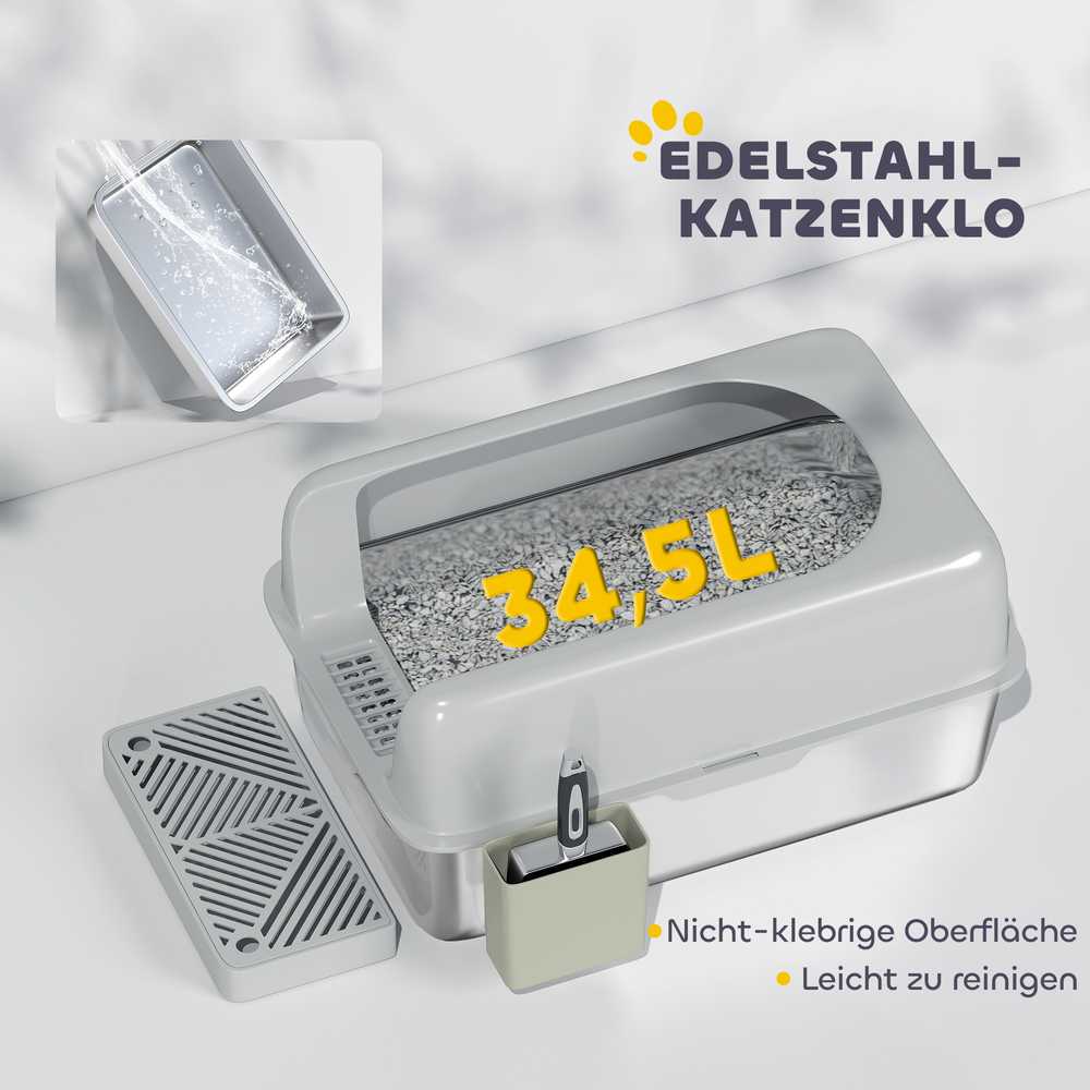 PawHut kačių tualetas su dangčiu, nerūdijančio plieno dėžė su semtuvėliu ir saugojimo dėžute, katėms iki 4,5kg, šviesiai pilkos spalvos
