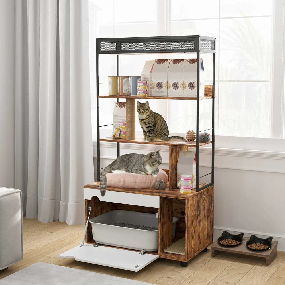 PawHut 2-in-1 kačių tualeto spintelė, kačių tualetas su 3 lygių lentyna, draskyklė, varstomos durys, namelis katėms iki 6kg, 80 x 48 x 152 cm, kaimiška ruda