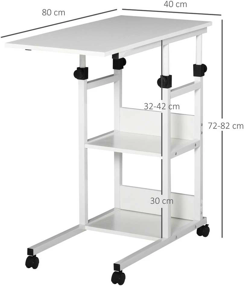 HOMCOM šoninis staliukas su ratukais, reguliuojamo aukščio kavos staliukas, 2 lentynos, E1 medžio drožlių plokštė, baltas, 80x40x72-82 cm