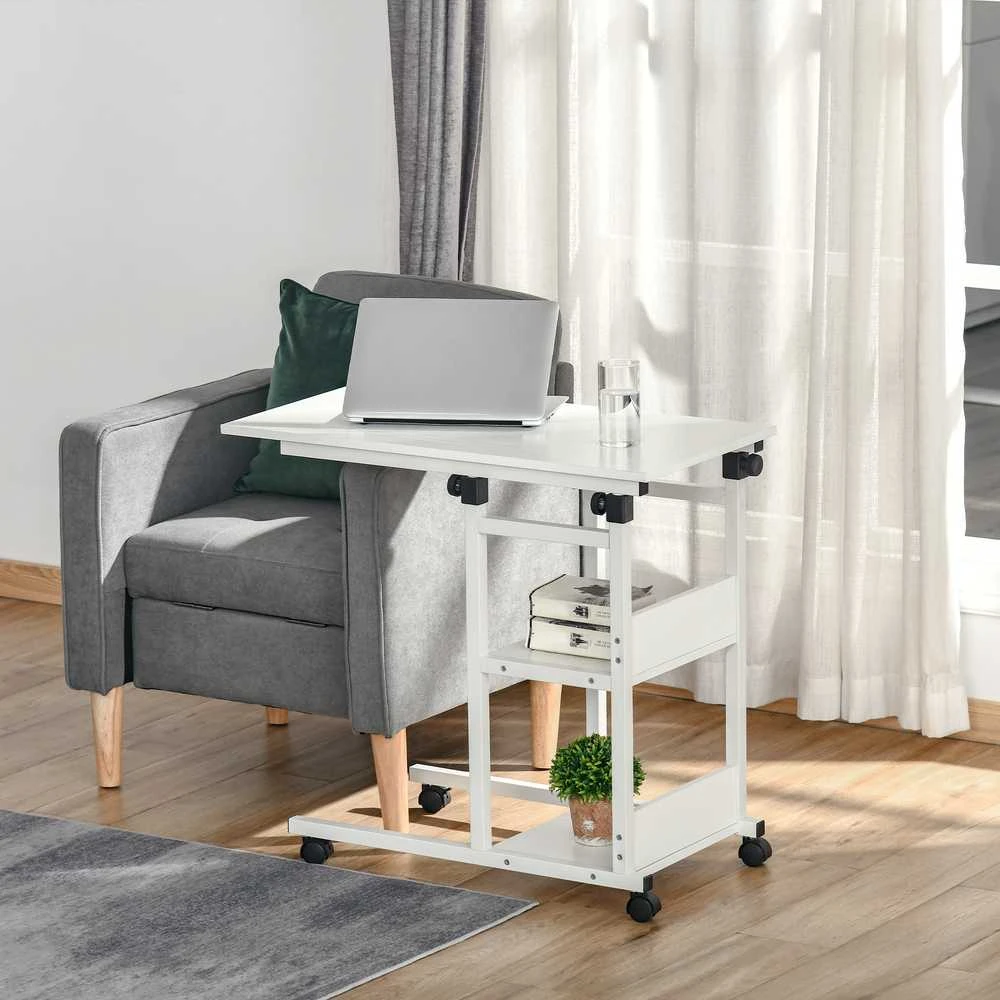 HOMCOM šoninis staliukas su ratukais, reguliuojamo aukščio kavos staliukas, 2 lentynos, E1 medžio drožlių plokštė, baltas, 80x40x72-82 cm