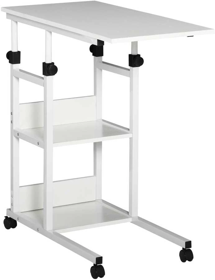 HOMCOM šoninis staliukas su ratukais, reguliuojamo aukščio kavos staliukas, 2 lentynos, E1 medžio drožlių plokštė, baltas, 80x40x72-82 cm