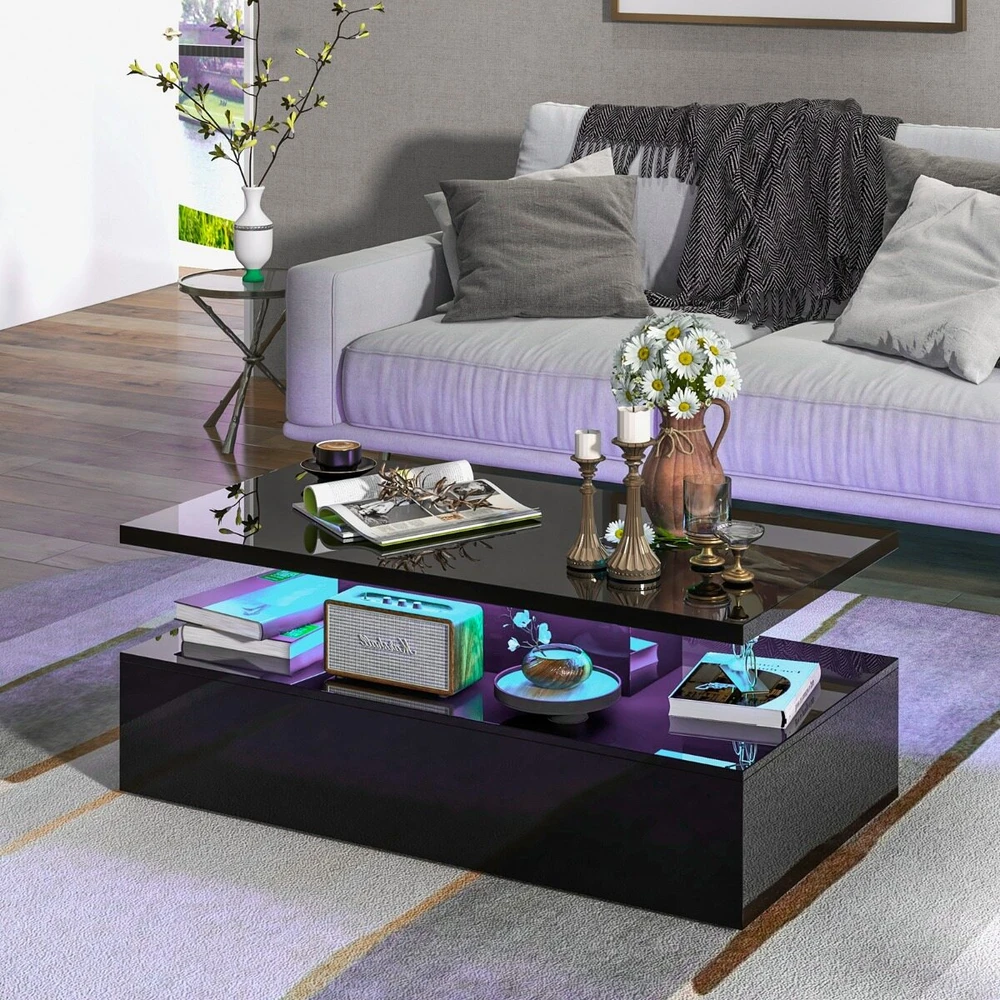 Kavos staliukas su 20 spalvų LED apšvietimu ir nuotolinio valdymo pulteliu, juodas, 110 × 60 × 40 cm