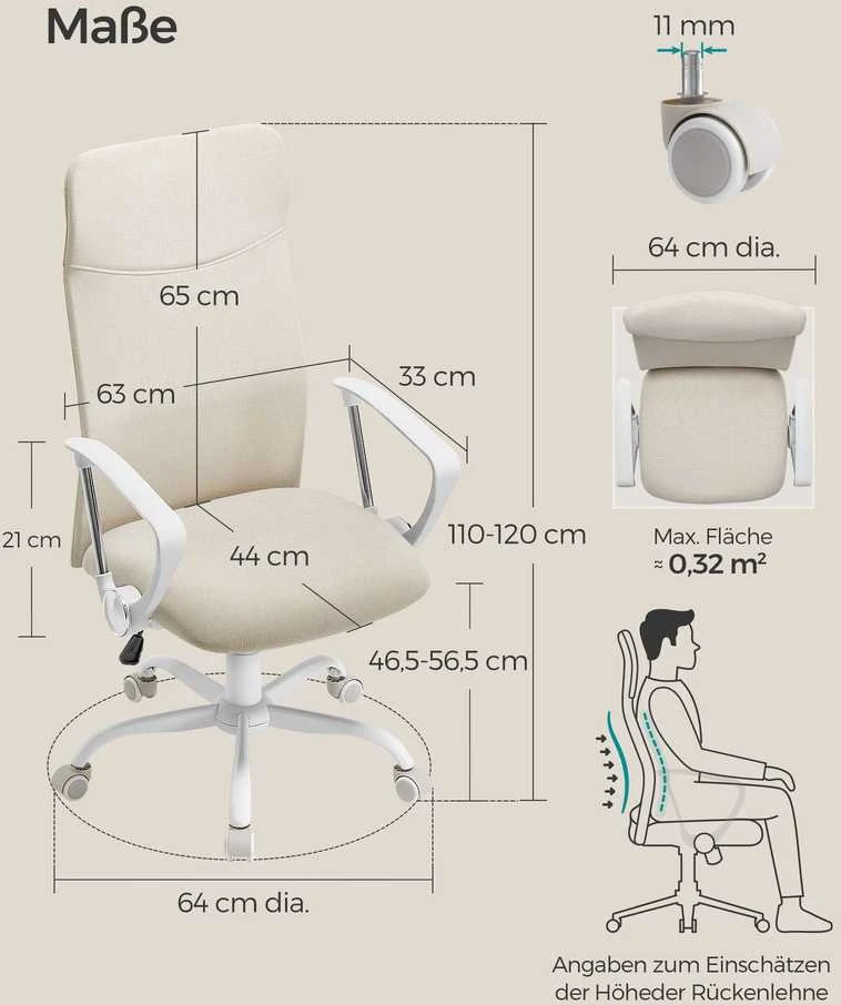 Songmics Biuro kėdė, minkšta, reguliuojamo aukščio ir pasvirimo, kapučino smėlio spalvos