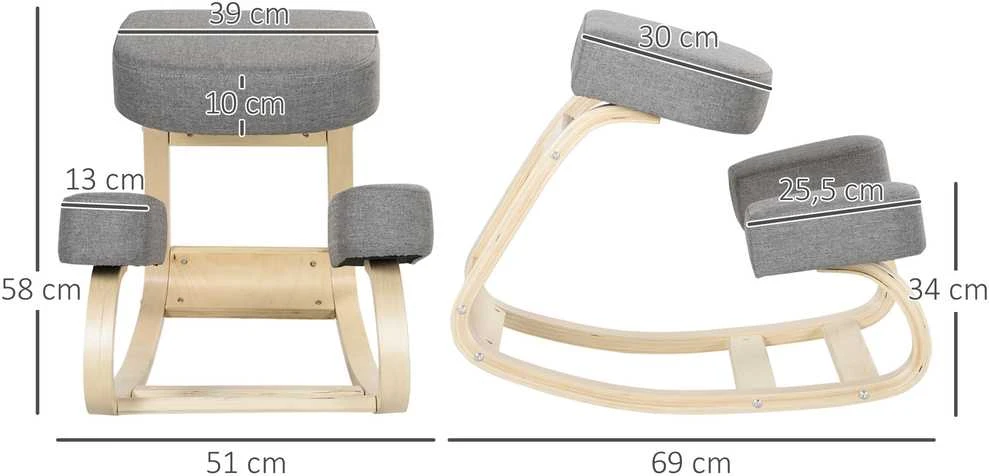Vinsetto kelių kėdė, ergonomiška kėdė, minkšta kėdė sveikai laikysenai, beržo mediena, keliamoji galia 120 kg, pilka