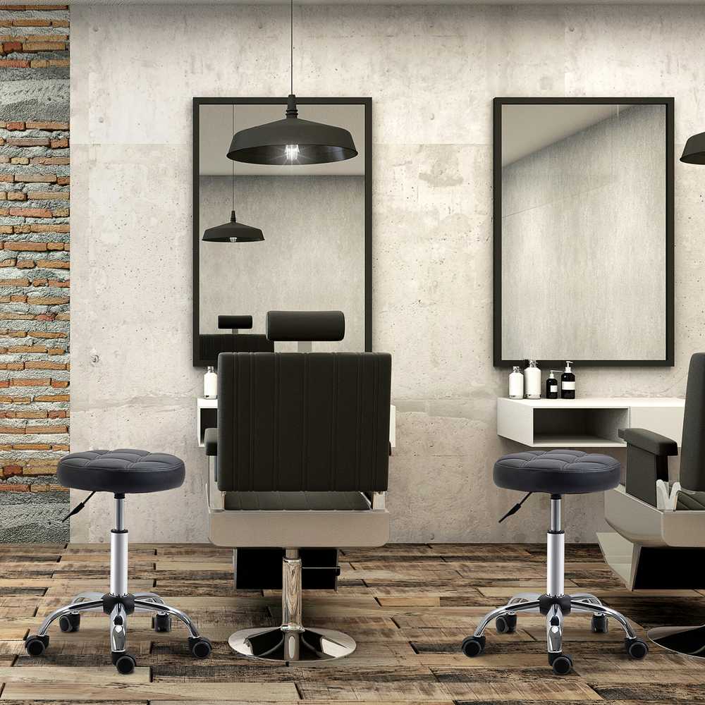 HOMCOM salonų kėdžių rinkinys iš 2 vnt., su ratukais, besisukanti reguliuojamo aukščio kėdė, dirbtinė oda, juoda, Ø35,5x48-63 cm