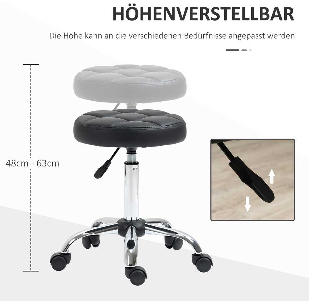 HOMCOM salonų kėdžių rinkinys iš 2 vnt., su ratukais, besisukanti reguliuojamo aukščio kėdė, dirbtinė oda, juoda, Ø35,5x48-63 cm