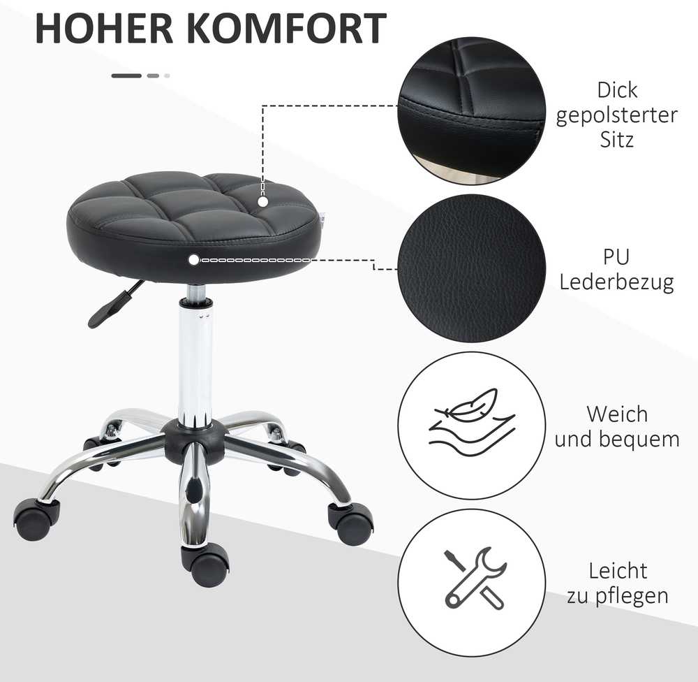 HOMCOM salonų kėdžių rinkinys iš 2 vnt., su ratukais, besisukanti reguliuojamo aukščio kėdė, dirbtinė oda, juoda, Ø35,5x48-63 cm
