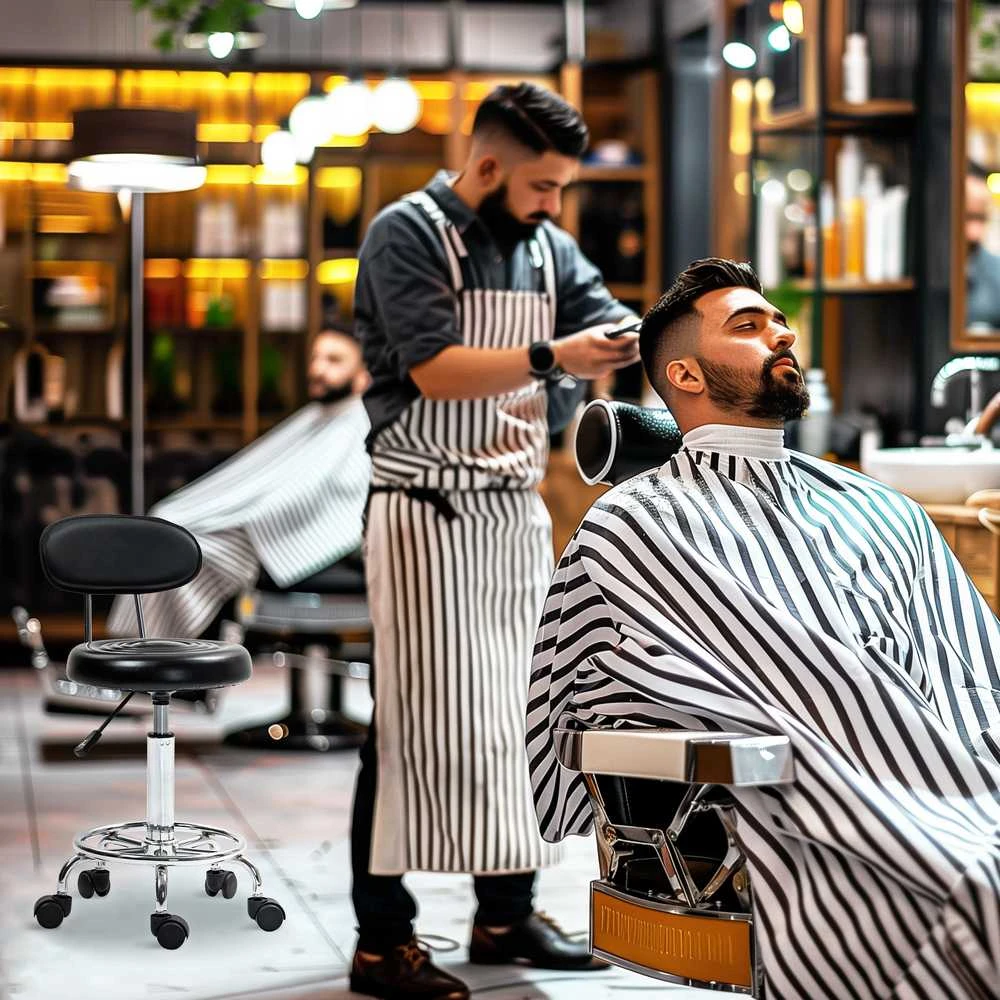 Reguliuojamo aukščio kėdė su ratukais HOMCOM, besisukanti kėdė salonui su atlošu, ratukais, darbo kėdė su reguliuojama kojų atrama biurui, dirbtinė oda, 32 x 40 x 70-86 cm, juoda