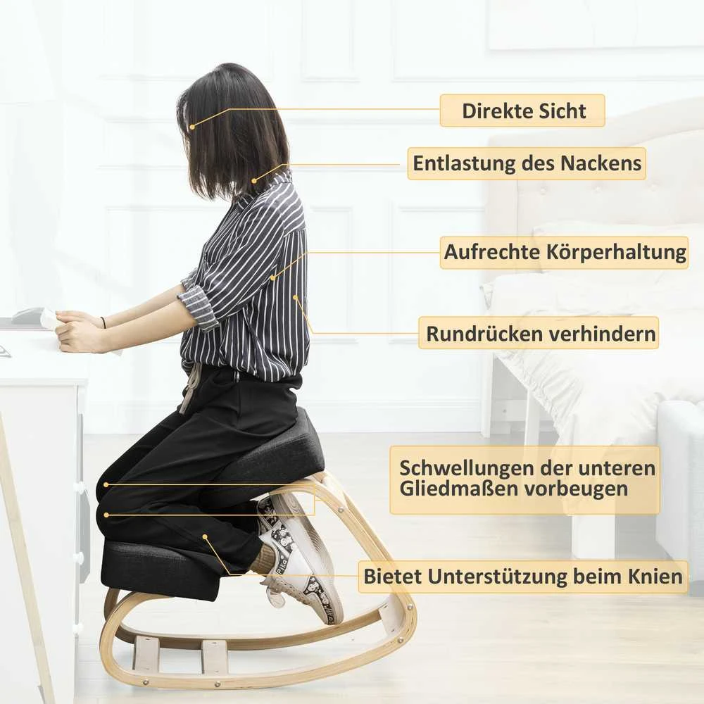 Vinsetto kėdė klūpėjimui, ergonomiška kėdė, minkšta kėdė sveikai sėdėjimo laikysenai, beržo mediena, keliamoji galia 120 kg, juoda