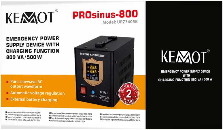 KEMOT PROsinus-800 nepertraukiamo maitinimo šaltinis su gryna sinusine banga ir įkrovimo funkcija 12V 230V 800VA/500W - juoda