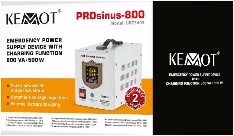KEMOT PROsinus-800 nepertraukiamo maitinimo šaltinis su gryna sinusine banga ir įkrovimo funkcija 12V 230V 800VA/500W
