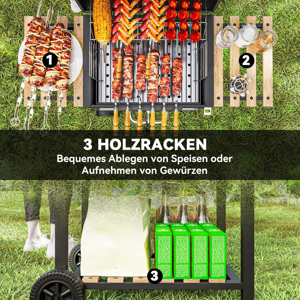 Outsunny mobilus nerūdijančio plieno kepsninė, vežimėlis su dangčiu, termometru, grotelėmis, ratukais, reguliuojama rankena ir anglių loveliu, grilis su medine lentyna, BBQ rūkykla kempingui ir sodui, 112x58x107cm