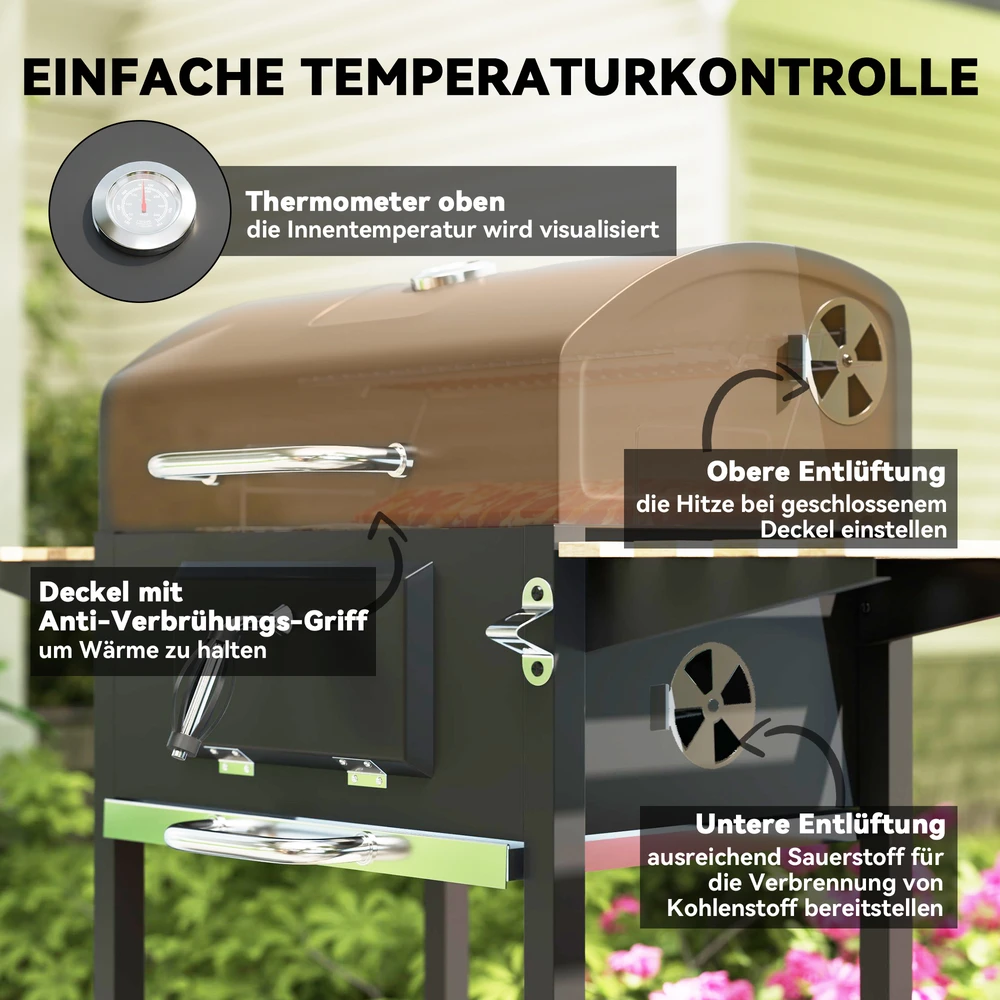 Outsunny mobilus nerūdijančio plieno kepsninė, vežimėlis su dangčiu, termometru, grotelėmis, ratukais, reguliuojama rankena ir anglių loveliu, grilis su medine lentyna, BBQ rūkykla kempingui ir sodui, 112x58x107cm