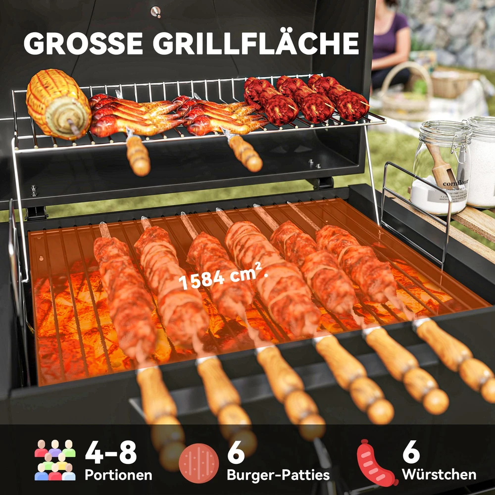 Outsunny mobilus nerūdijančio plieno kepsninė, vežimėlis su dangčiu, termometru, grotelėmis, ratukais, reguliuojama rankena ir anglių loveliu, grilis su medine lentyna, BBQ rūkykla kempingui ir sodui, 112x58x107cm