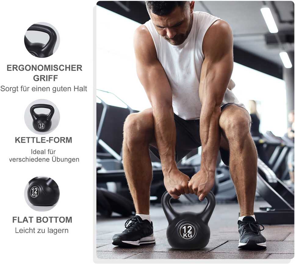 HOMCOM virdulinis svarmuo (kettlebell) 12 kg, smėliu užpildytas svarmuo pradedantiesiems, juodas
