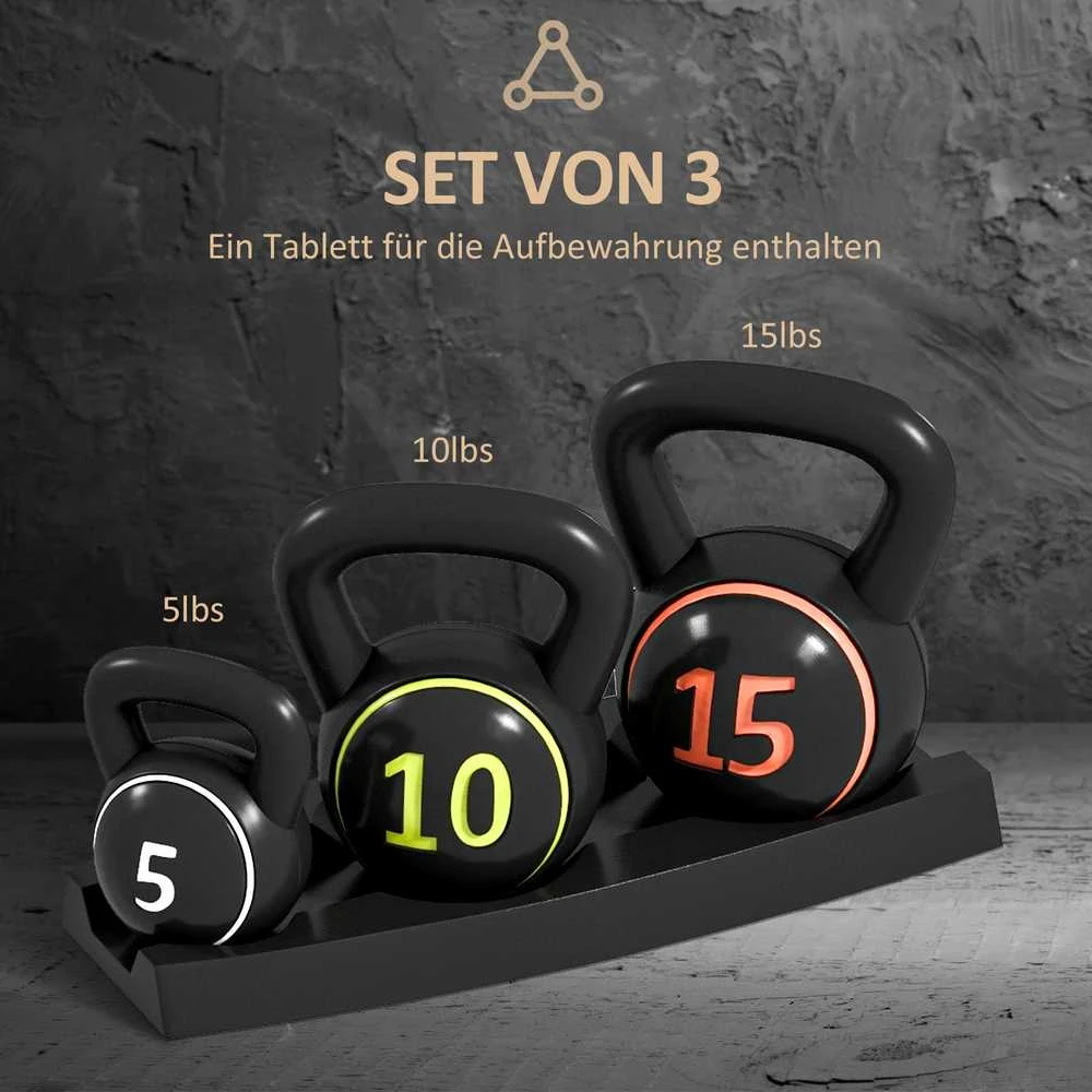 Sportnow HOMCOM virdulys (kettlebell), 2,2kg, 4,5kg, 6,8kg, 3 dalių rinkinys gimnastikai, jėgos treniruotėms, juodas