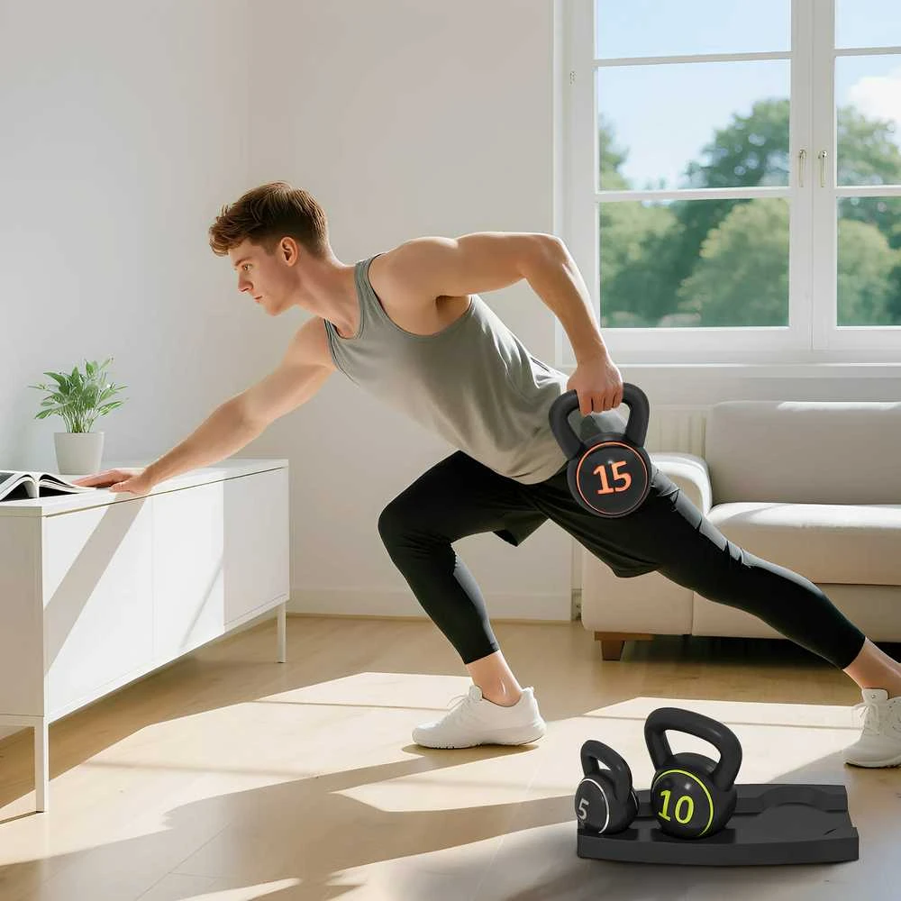Sportnow HOMCOM virdulys (kettlebell), 2,2kg, 4,5kg, 6,8kg, 3 dalių rinkinys gimnastikai, jėgos treniruotėms, juodas