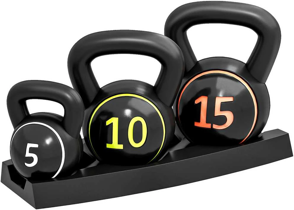 Sportnow HOMCOM virdulys (kettlebell), 2,2kg, 4,5kg, 6,8kg, 3 dalių rinkinys gimnastikai, jėgos treniruotėms, juodas