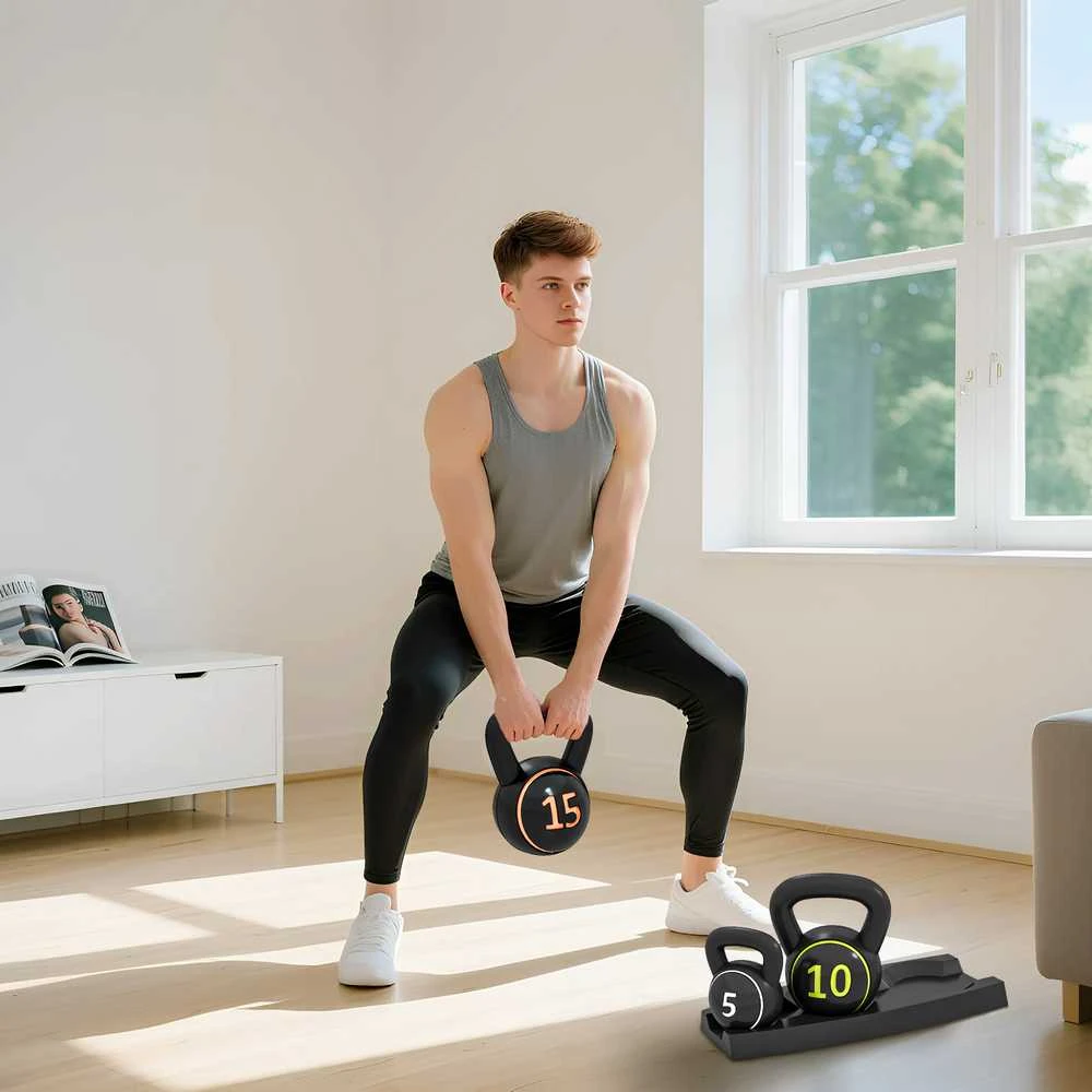 Sportnow HOMCOM virdulys (kettlebell), 2,2kg, 4,5kg, 6,8kg, 3 dalių rinkinys gimnastikai, jėgos treniruotėms, juodas