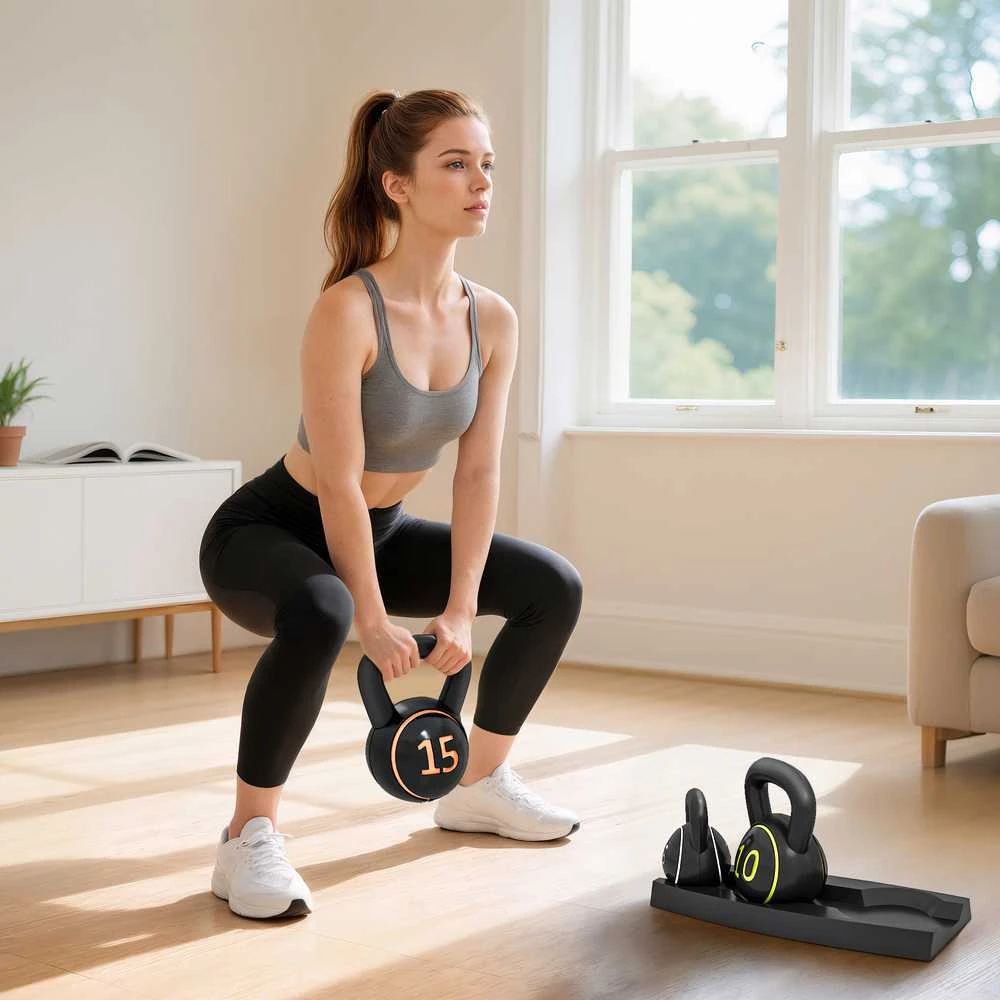 Sportnow HOMCOM virdulys (kettlebell), 2,2kg, 4,5kg, 6,8kg, 3 dalių rinkinys gimnastikai, jėgos treniruotėms, juodas