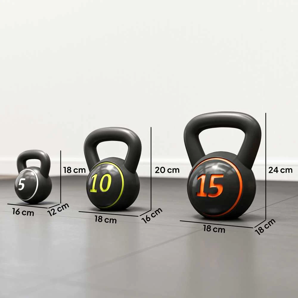 Sportnow HOMCOM virdulys (kettlebell), 2,2kg, 4,5kg, 6,8kg, 3 dalių rinkinys gimnastikai, jėgos treniruotėms, juodas