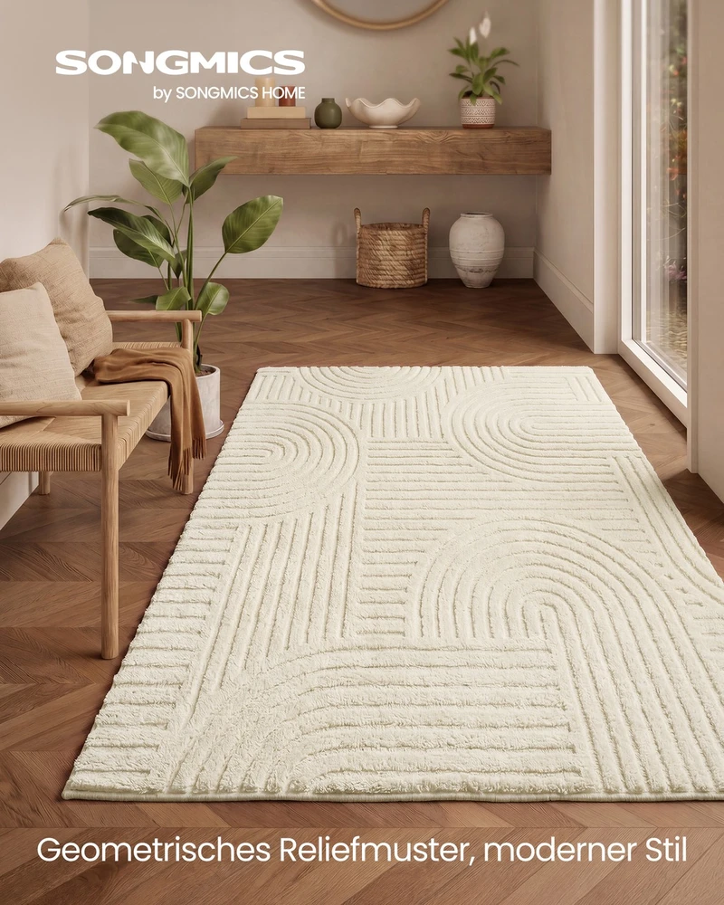 Songmics Kilimas 3D, skalbiamas skalbyklėje, kreminės baltos spalvos, 170 × 120 cm