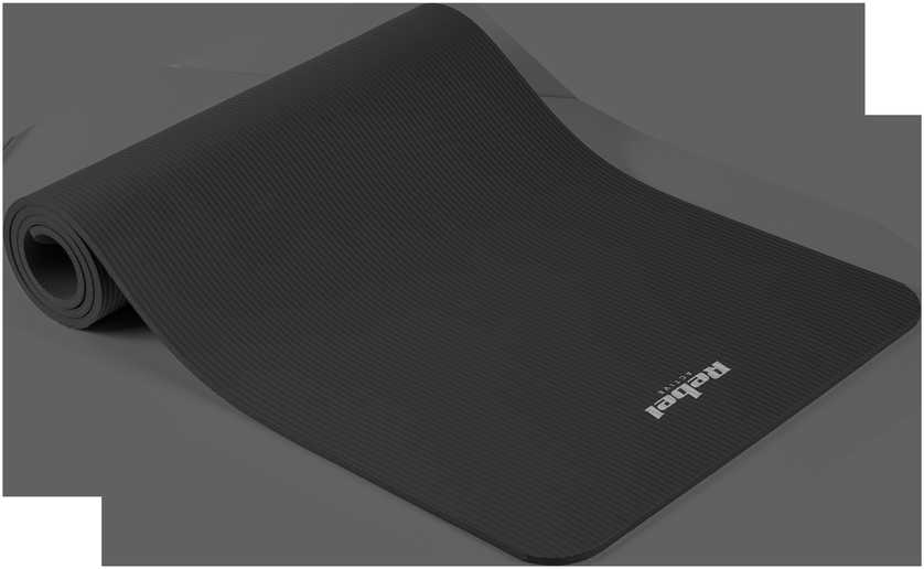 Gimnastikos kilimėlis jogai, pilatesui, fitnesui, 183x61cm, storis 1cm, NBR medžiaga, juoda, REBEL ACTIVE