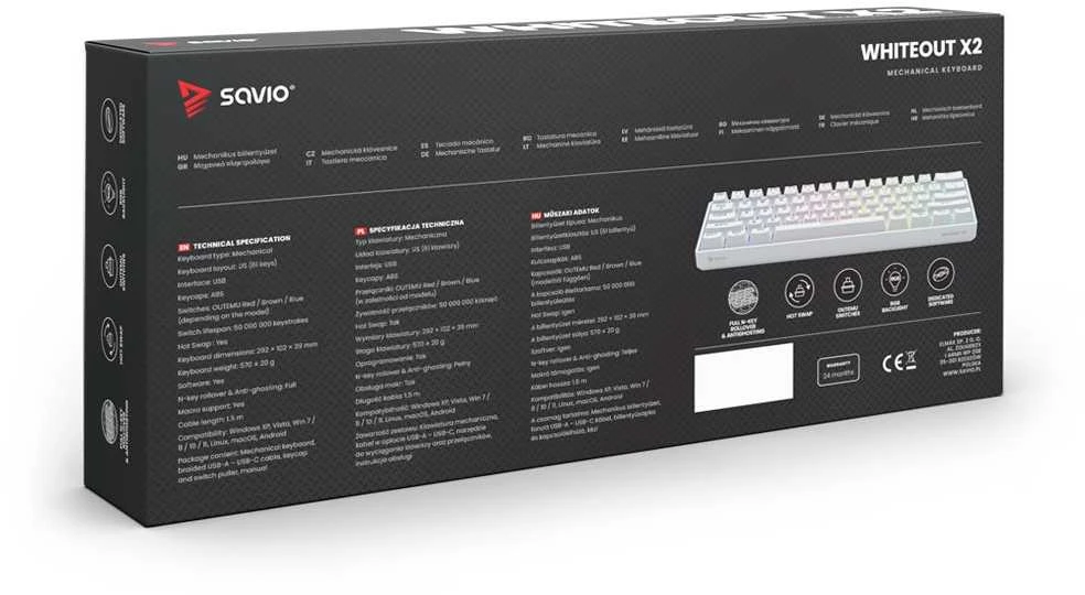 Mėlyna Klaviatūra žaidimams Savio Whiteout X2 Outemu Mėlyna su laidu mechaninė su pašvietimu balta