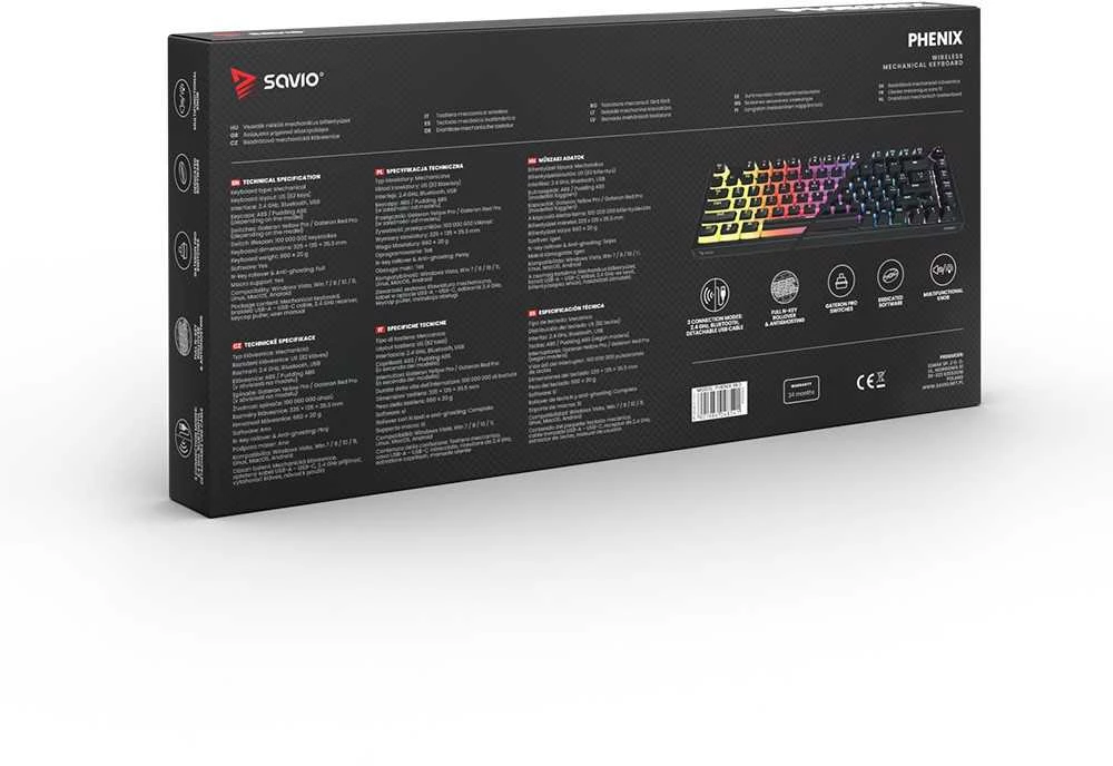 Klaviatūra žaidimams Savio Phenix Gateron Raudona Pro Pudding belaidė mechaninė su pašvietimu juoda