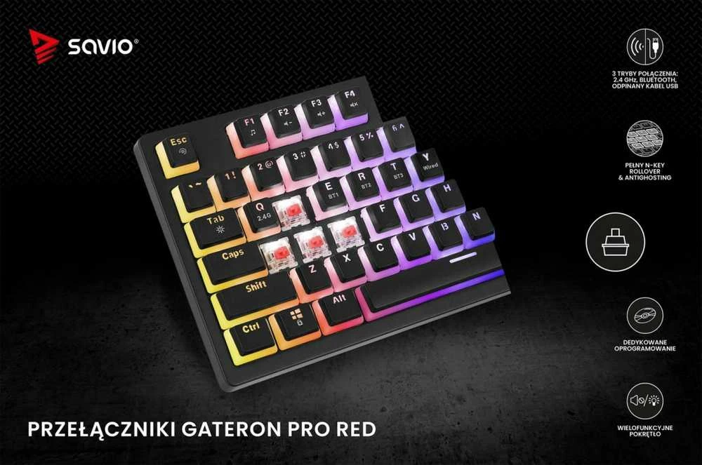 Klaviatūra žaidimams Savio Phenix Gateron Raudona Pro Pudding belaidė mechaninė su pašvietimu juoda