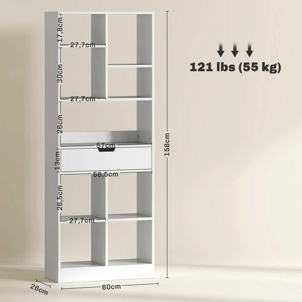 "HOMCOM" knygų spinta Stovinti lentyna su 9 lentynomis, 1 stalčius, lentyna su apsauga nuo pasvirimo, biuro lentyna svetainei, biurui, 60 x 26 x 158 cm, balta