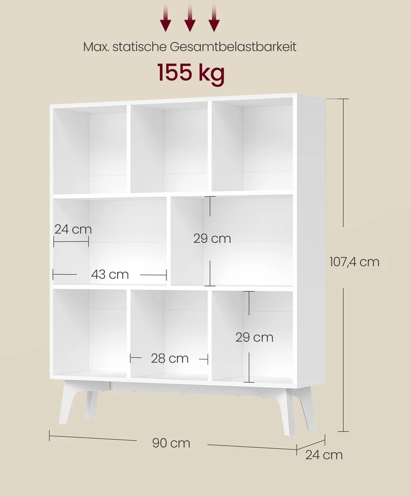 Songmics Knygų lentyna, 8 skyrių, debesų balta, 24 × 90 × 107,4 cm