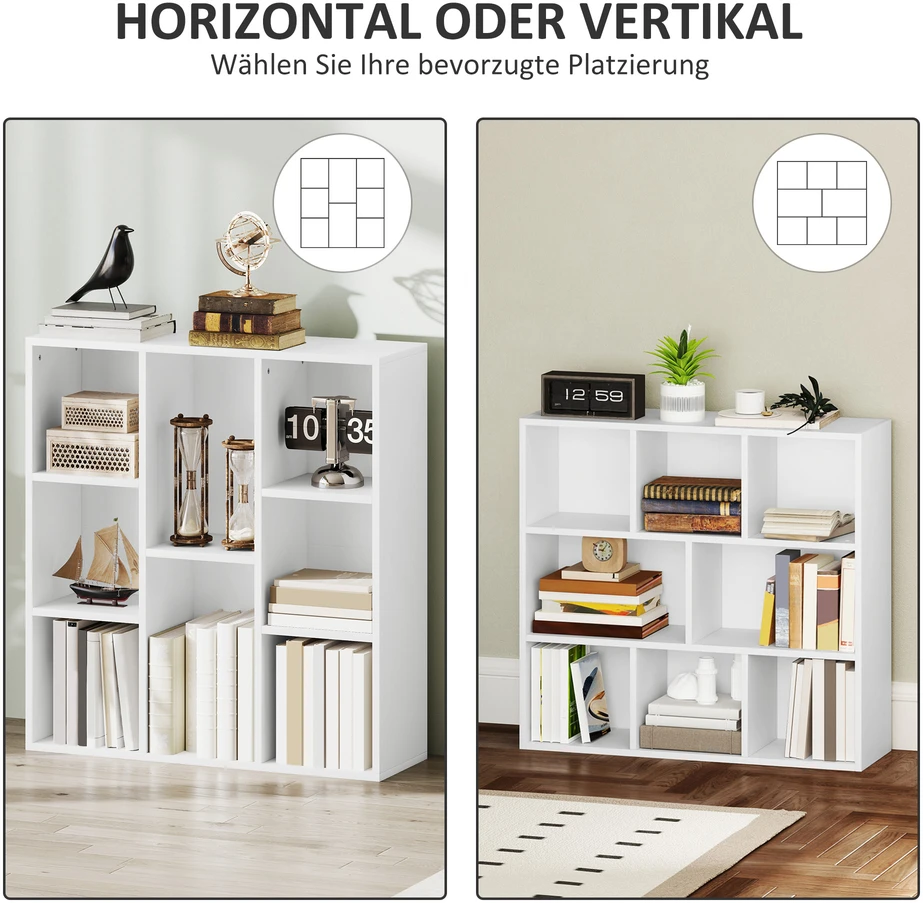 HOMCOM knygų lentyna, pastatoma lentyna su 8 skyriais, universali lentyna svetainei, miegamajam, biurui, balta