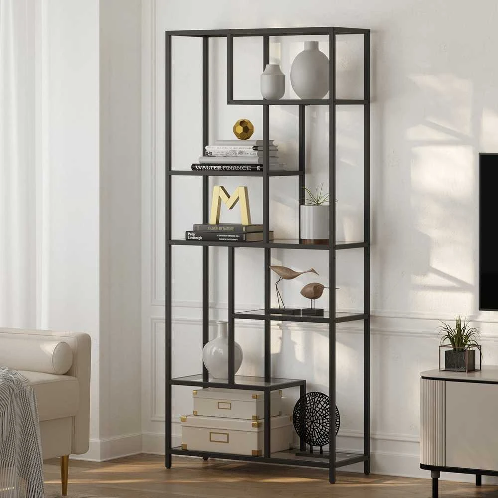 Songmics Knygų lentyna su 6 lentynomis iš grūdinto stiklo, 30x80x180 cm, juoda